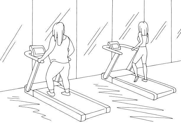 体育馆内部图形黑白草图插图矢量。胖女人和瘦女人都在跑步机上锻炼图片下载