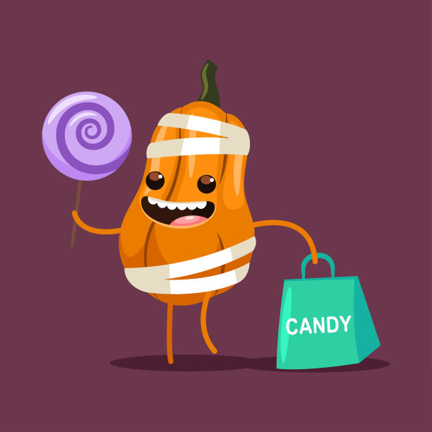 有趣的万圣节南瓜角色在一个木乃伊服装和糖果。矢量卡通插图孤立的背景。图片下载