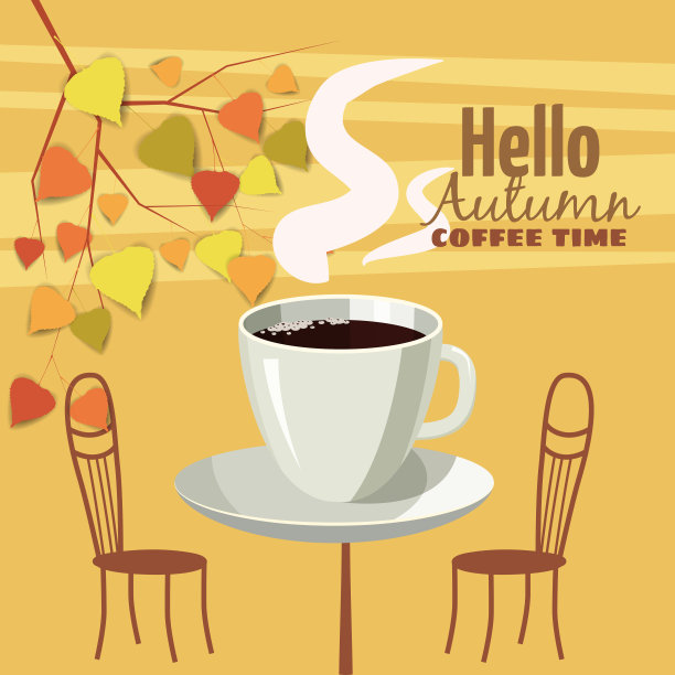 老城区街头户外咖啡馆，咖啡桌配杯，椅子，秋叶，秋的心情，浪漫，矢量，插图，卡片，孤立图片下载