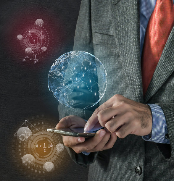 商人使用智能手机与抽象发光的商业全息图。创新和技术理念。双重曝光图片下载