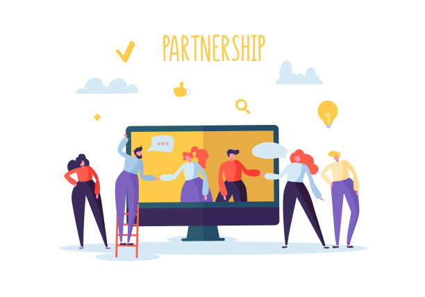 商业伙伴在线会议概念。扁平人物人物握手。共同工作的创意团队工作。矢量图图片下载