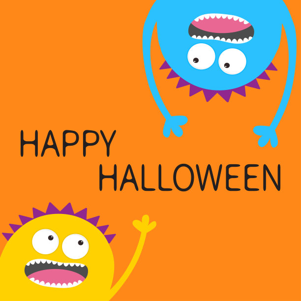 万圣节快乐卡。两个尖叫怪兽头部剪影集。挂倒了。眼睛，牙齿，舌头，手。可爱的卡通人物。宝贝收藏。平面设计。橙色背景图片下载