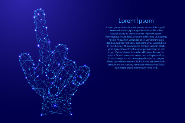 伸出食指的手或按一个看不见的按钮，从未来多边形蓝线和发光的星星横幅，海报，贺卡。矢量插图。图片下载