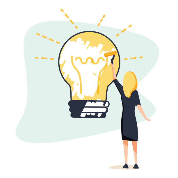 大创意概念。女商人在墙上画了一个大灯泡。象征着新的发现和启动。网页模板。图片下载