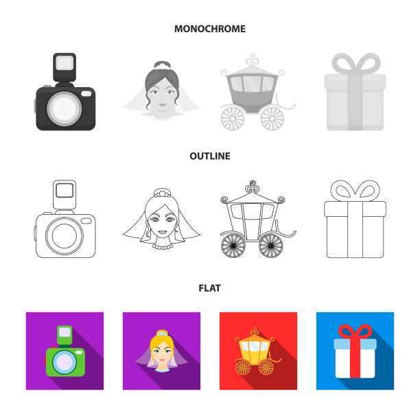 新娘，摄影，礼物，婚车。婚礼集合图标在平面，轮廓，单色风格向量符号股票插图web。图片下载