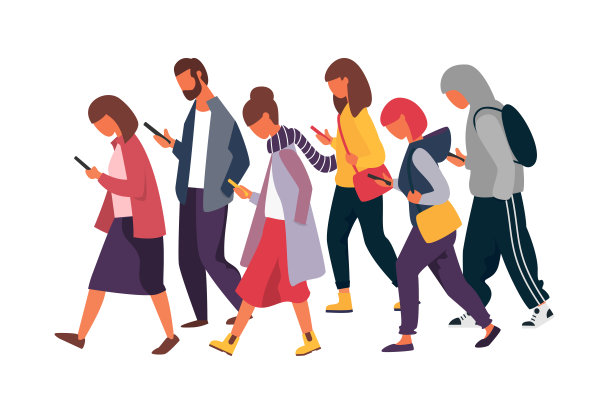 有手机的男女角色。一群人拿着智能手机。矢量图图片下载