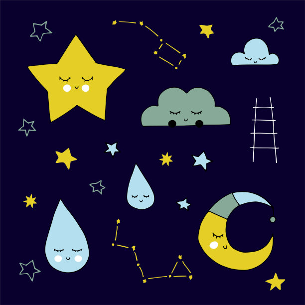 矢量手绘孤立的天空元素，云和星座，月亮和星星。图片下载