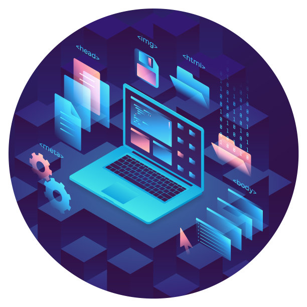 Web开发和编程说明的概念。网站设计元素。笔记本电脑，文件夹，网页上的紫色背景。着陆页的想法。图片下载