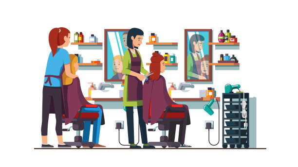 室内设计有椅子、镜子和架子。两个女理发师为女顾客理发或做发型。平的孤立的向量图片下载