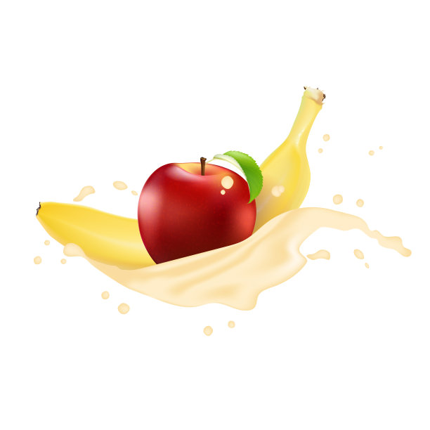 矢量广告3d推广横幅，逼真的苹果，香蕉，飞溅的下落片，果汁，维生素，树叶。冰淇淋、酸奶品牌广告。标签的海报图片下载