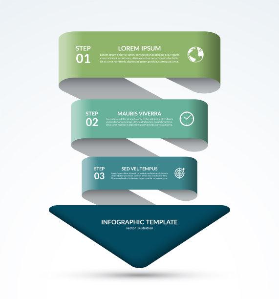 矢量信息图模板的形式箭头指向下。经营理念有三个步骤，选择，部分。可用于图表、图表、网页设计。矢量图图片下载