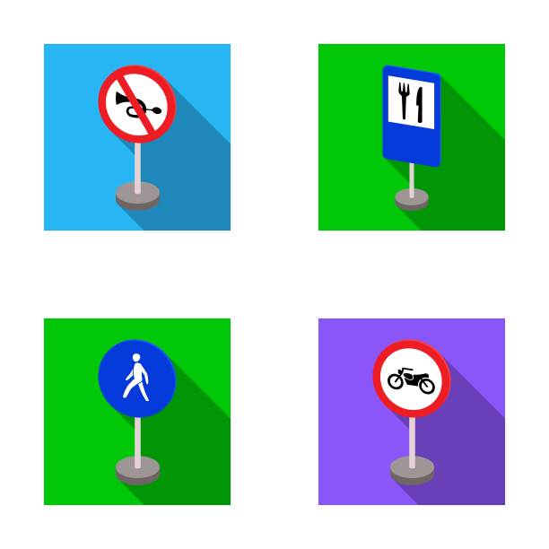 不同类型的道路标志平面图标集设计。警告和禁止标志向量符号股票网络插图。图片下载
