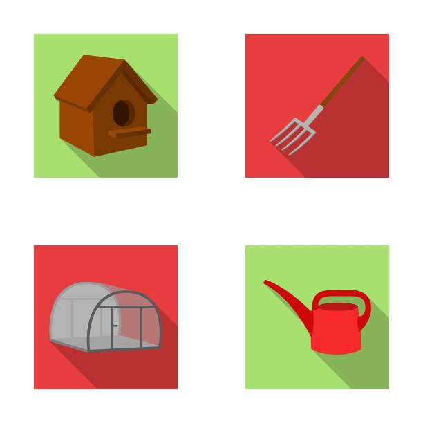 鸡舍，干草叉，温室，喷壶。农场集收集图标在平面风格矢量符号股票插图web。图片下载
