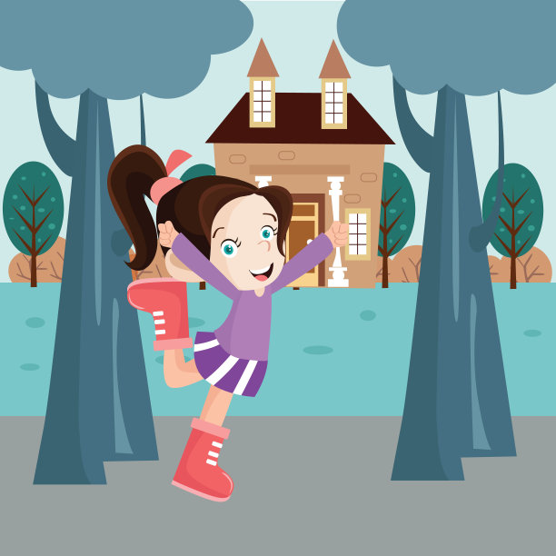 可爱的小女孩看起来快乐和愉快的房子前的花园或公园，卡通人物图片下载