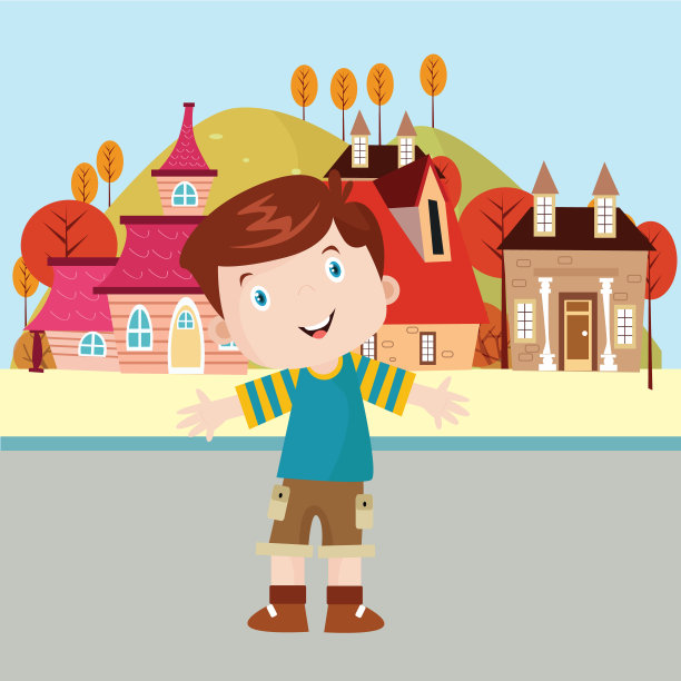 可爱的小男孩站在村子的房子周围，卡通人物图片下载