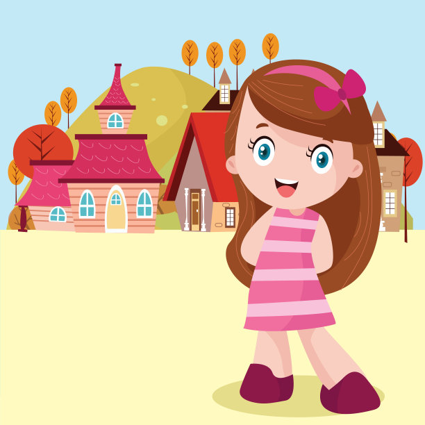 可爱的小女孩们高高兴兴地站在秋村里，卡通人物图片下载