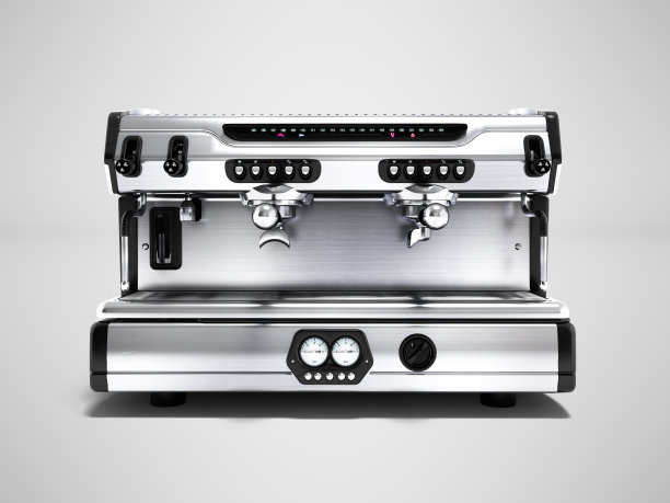 现代金属专业咖啡机对两个杯子正面视图3d渲染在灰色背景与阴影图片下载