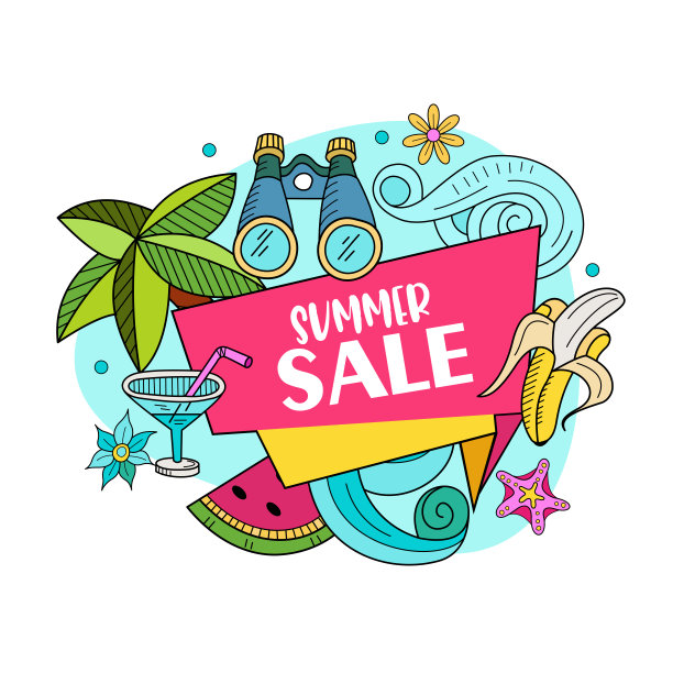 夏天出售。色彩鲜艳的广告海报。插图卡通风格。图片下载