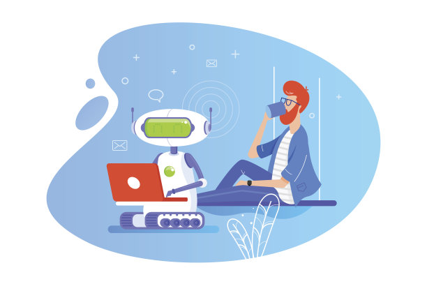 机器人在笔记本电脑上工作。人喝咖啡图片下载