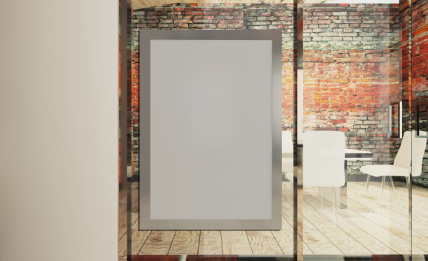 一个办公室内部的一排深色木桌的正面视图。3 d渲染…空的绘画图片下载