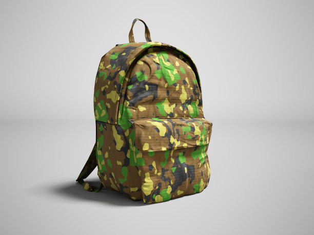 现代军事背包在学校为男孩和青少年与绿色棕色3d渲染在灰色的背景与阴影图片下载