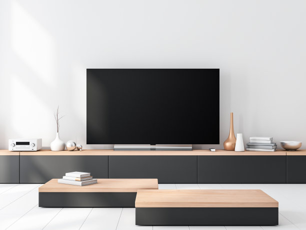 智能电视模型站在木制控制台图片下载