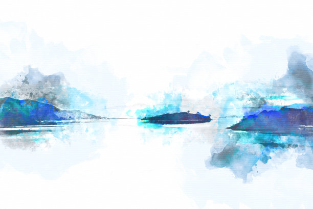 彩色的山峰和河流是水彩插画的背景。图片下载