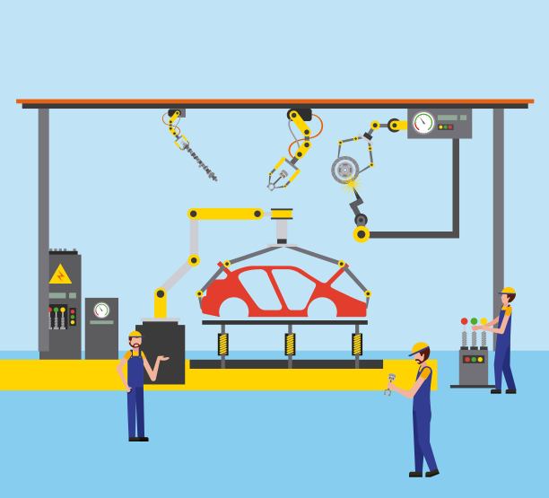 工人机器人手臂和装配线汽车工业图片下载