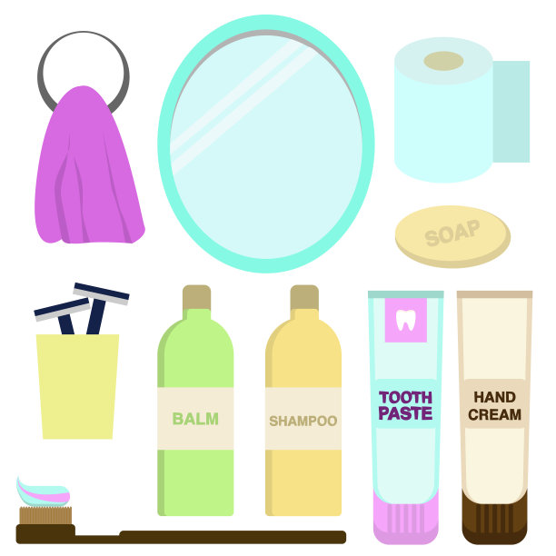 浴室配件设置在平坦的风格。图片下载