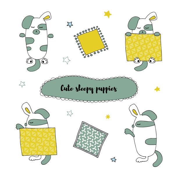 手画矢量组孤立元素，睡意小狗在不同的位置。图片下载