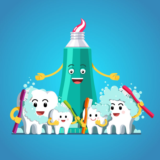 牙膏管和快乐的牙齿家庭人物刷牙自己用牙刷。鼓舞人心的刷牙牙齿clipart。儿童牙齿卫生概念。平的孤立的向量图片下载
