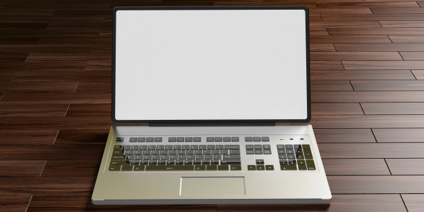 木地板上白色屏幕的笔记本电脑。三维演示图片下载