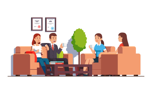 现代企业办公大堂或诊所候诊室室内设计。男男女女坐在扶手椅、咖啡桌旁的沙发上。平的孤立的向量图片下载