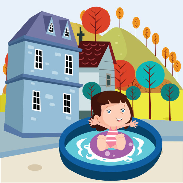 可爱的小女孩在房子前面游泳，看起来很开心，很开朗，卡通人物图片下载