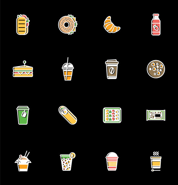 收集16个彩色矢量图标为健康的快餐或快餐休闲餐厅或咖啡馆图片下载