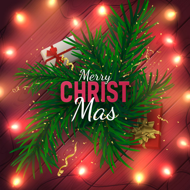 圣诞灯饰、冷杉树枝和木质背景的节日插画矢量素材图片下载