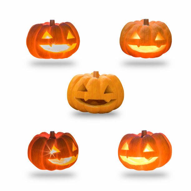 杰克O南瓜灯万圣节南瓜设置模板雕刻可怕可笑的发光的蜡烛灯点亮橙色脸孤立在白色的背景与剪切路径为秋季节日装饰元素图片下载