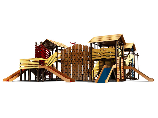 现代游乐场的儿童和青少年从木材与绳子为儿童海滩娱乐3d渲染在白色的背景与阴影图片下载