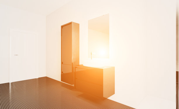 马赛克墙。灰色现代浴室中配有毛巾的独立式浴缸。3 d渲染…日落图片下载