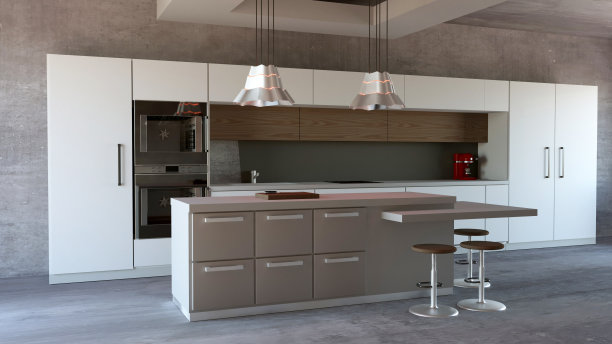 现代厨房家具，室内设计。厨房的家具和电器。三维渲染图片下载