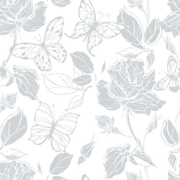 无缝矢量模式与玫瑰和蝴蝶在白色的背景。图片下载