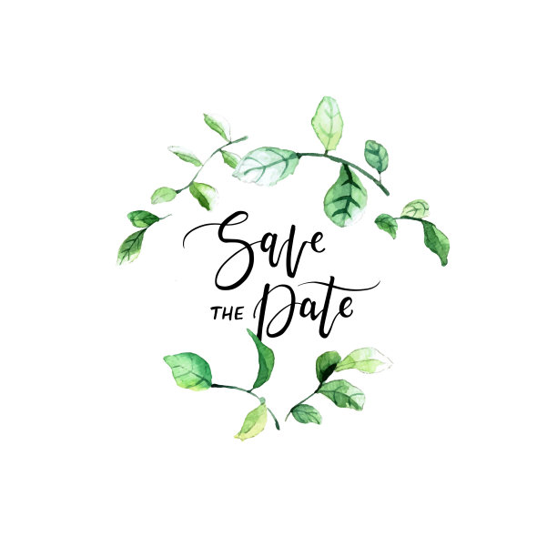可爱的保存日期概念卡与水彩绿叶和手绘短语。图片下载
