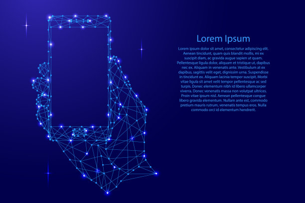 手持智能手机垂直从未来多边形蓝线和发光的星星横幅，海报，贺卡。矢量插图。图片下载