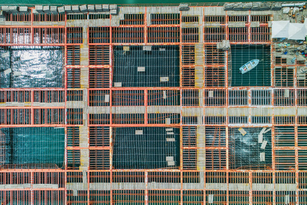 海贝养殖农场鸟瞰图，达尔博卡，保加利亚图片下载