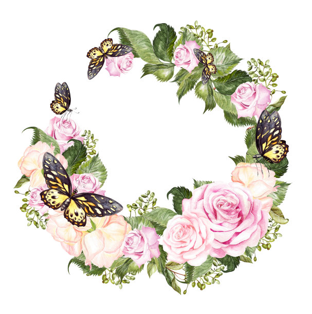 一个美丽、明亮的水彩花环，上面有玫瑰和蝴蝶。图片下载