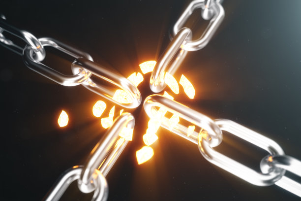 金属链断开了与炽热的链接，微弱的链接。三维演示图片下载