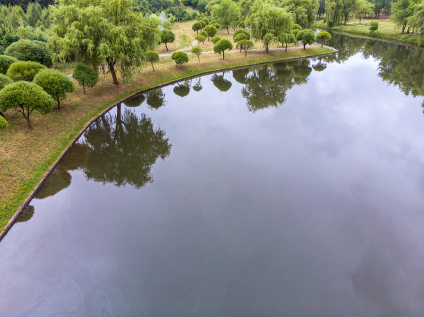 城市公园池塘与多云的天空和树木的倒影。鸟瞰图图片下载