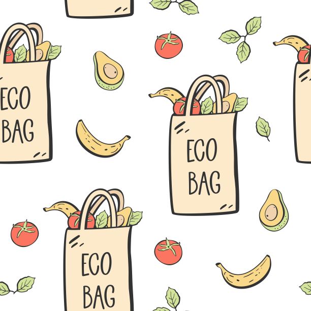 手绘无缝图案与可重复使用袋，果蔬纺织品环保包装，购物袋。图片下载