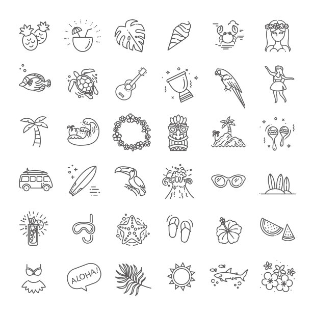 热带夏季，夏威夷图标设置与白色背景图片下载
