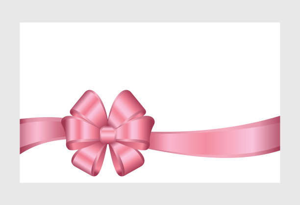 邀请，问候或礼品卡与粉红色丝带和一个蝴蝶结在白色的背景。礼品券模板与文本的地方。图片下载